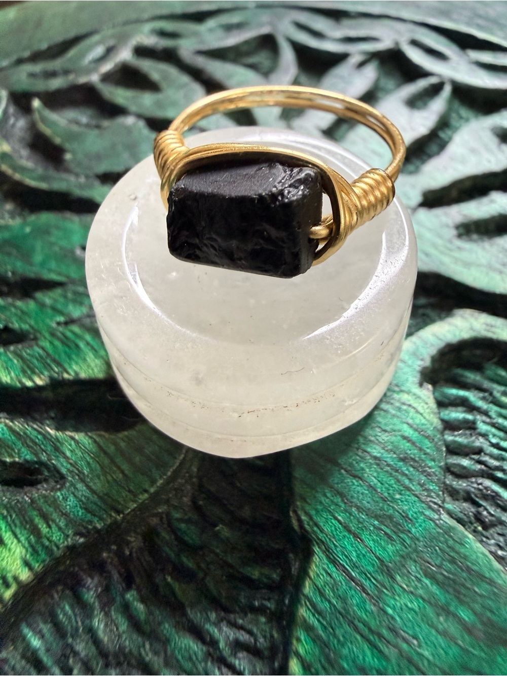Gold Wire-Wrapped Black Tourmaline Ring - Size 8